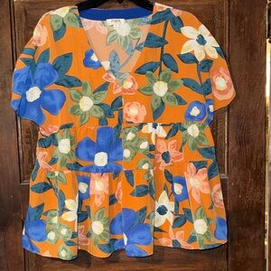 Umgee Orange Floral Blouse with Blue and Green Accents